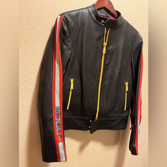 New Gucci Logo Leather Bomber Jacket Size 48 / US M - Picture 7 of 16